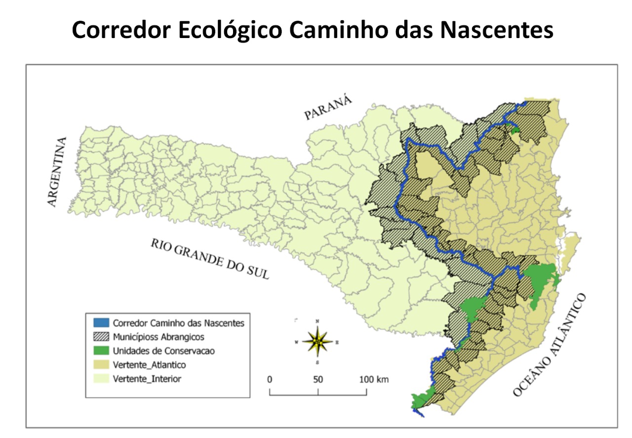 Mapa da localização do Corredor Ecológico Caminho das Nascentes. Figura:   Secretaria do Desenvolvimento Econômico Sustentável do Governo de Santa Catarina<br />
