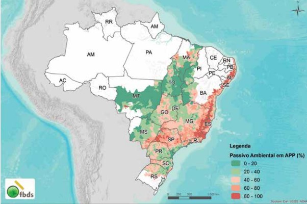 Áreas de Preservação Permanente (APPs) ao longo da Mata Atlântica e Cerrado que possuem um passivo ambiental, ou seja, precisam ser restauradas. Créditos: MMA.
