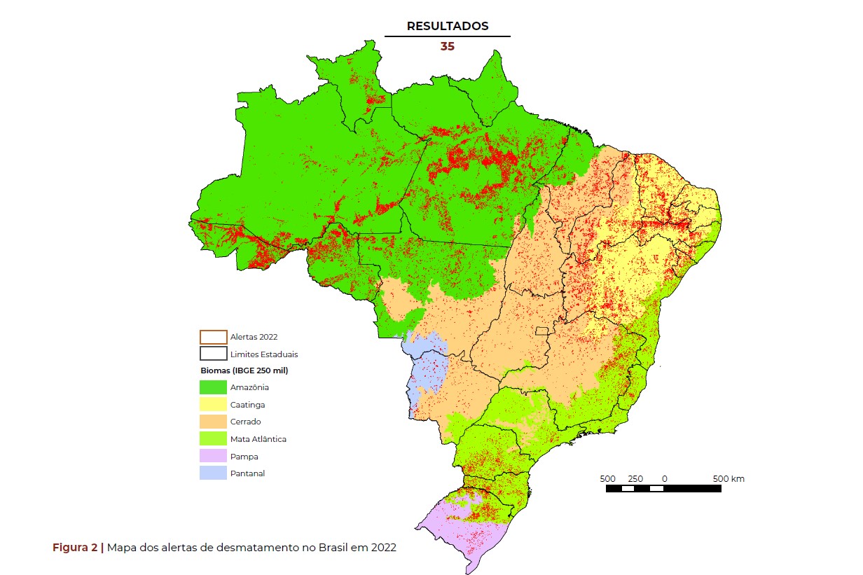 Alertas de desmatamento pelo Brasil em 2022. Fonte: RAD 2022 MapBiomas