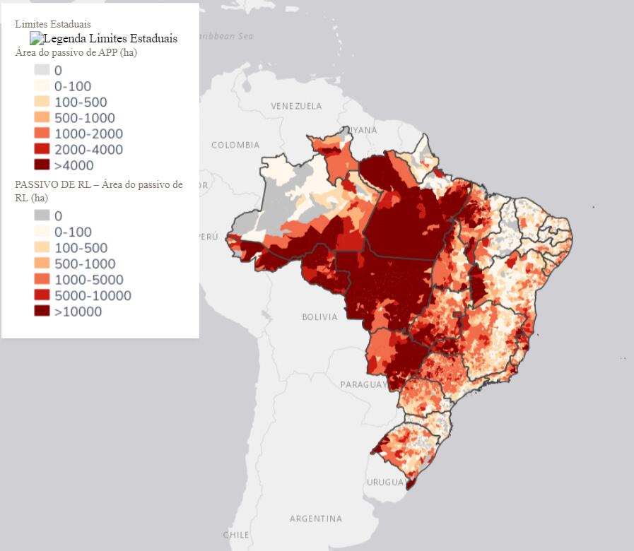 Panorama geral do Brasil em relação ao passivo de Reserva Legal e Áreas de Preservação Permanente. Figura: Reprodução/Termômetro do Código Florestal. 