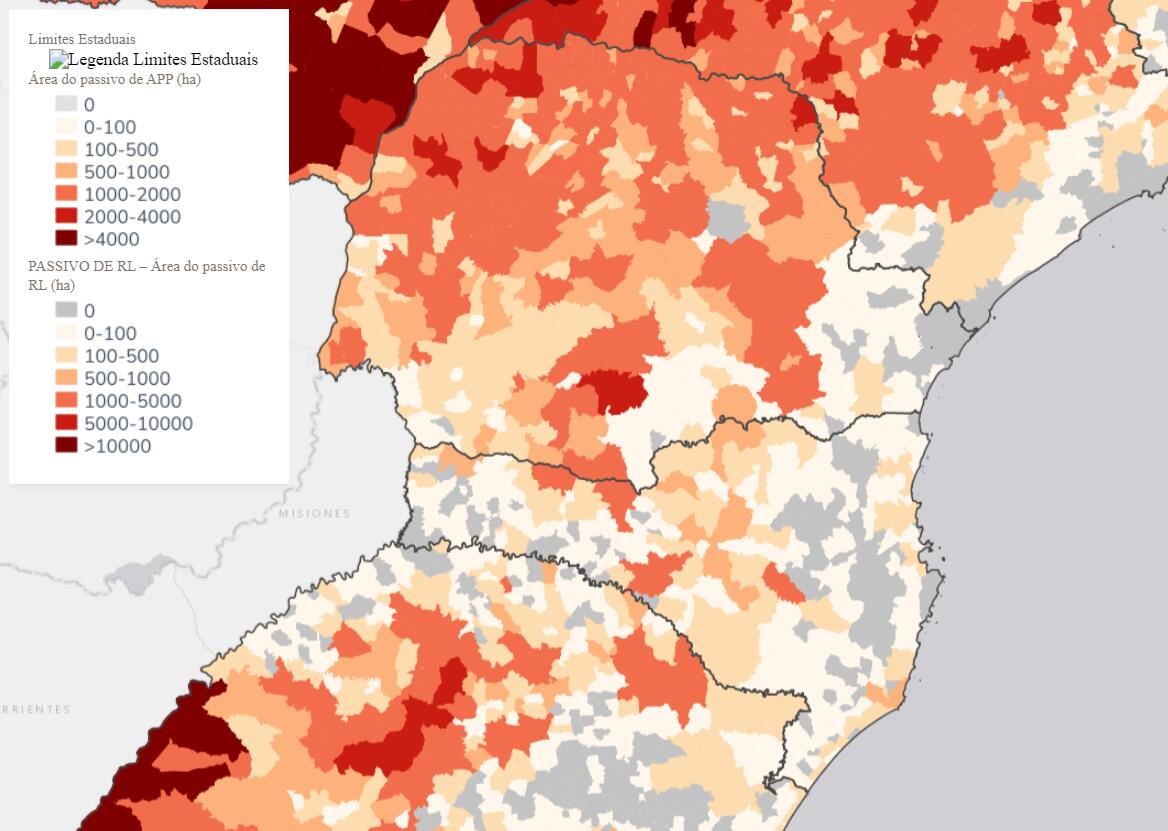 Panorama de Santa Catarina e do Paraná em relação aos passivos de Reserva Legal e Áreas de Preservação Permanente. Figura: Reprodução/Termômetro do Código Florestal. 