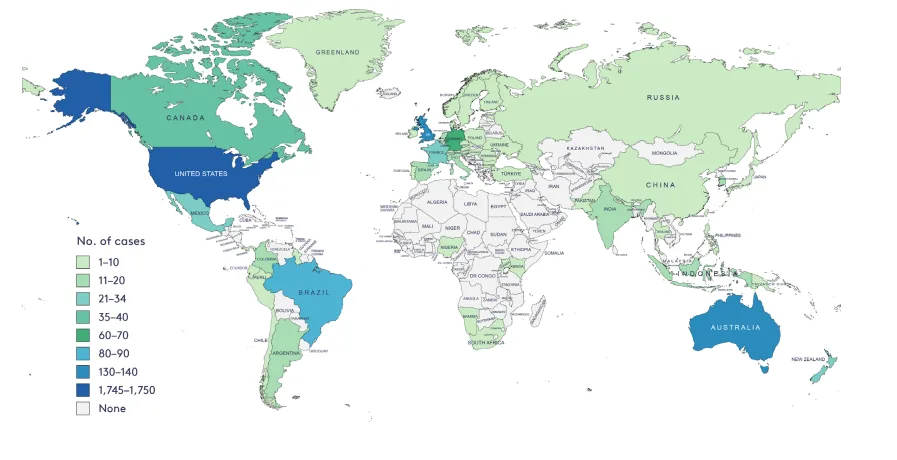 Número de casos de litigância climática distribuído entre os países Créditos Global Trends in Climate Litigation 2024 do Grantham Research Institute on Climate Change & the Environment. Número de casos de litigância climática distribuído entre os países