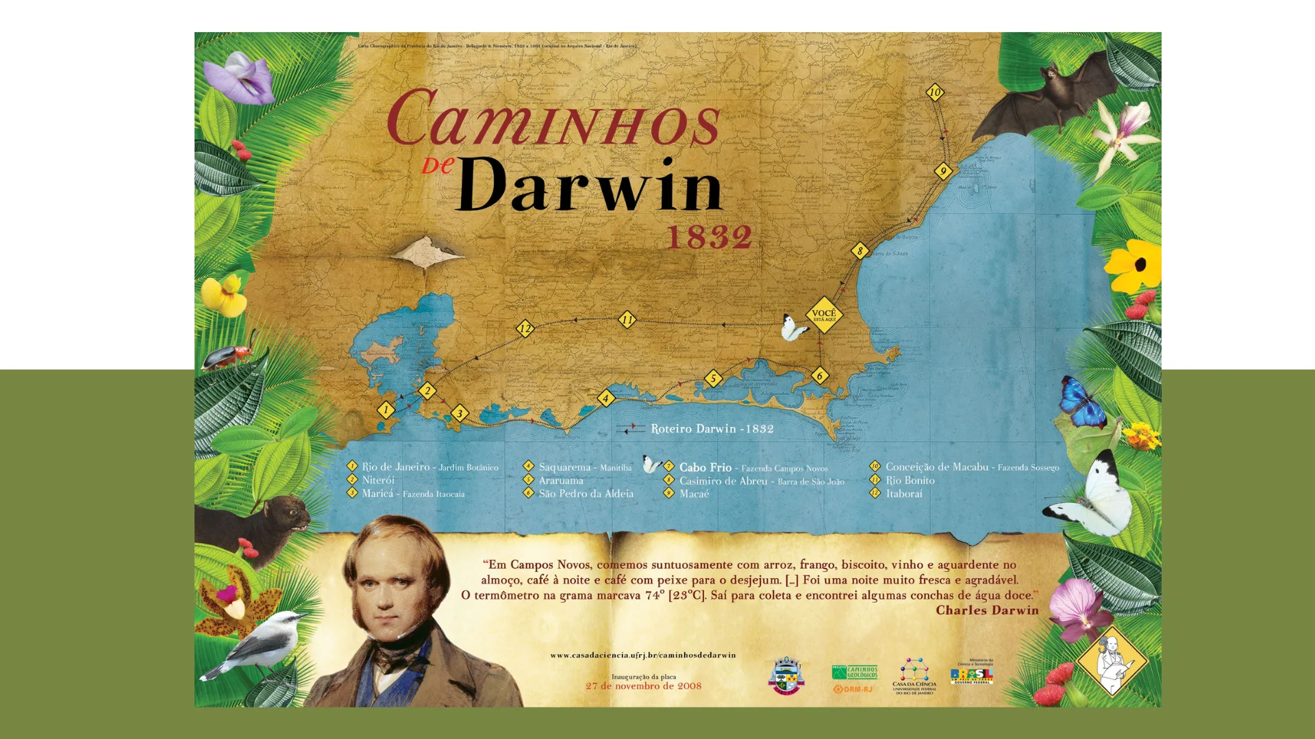 Placa dos Caminhos de Darwin. Crédito: Geo Parque Costões e Lagunas