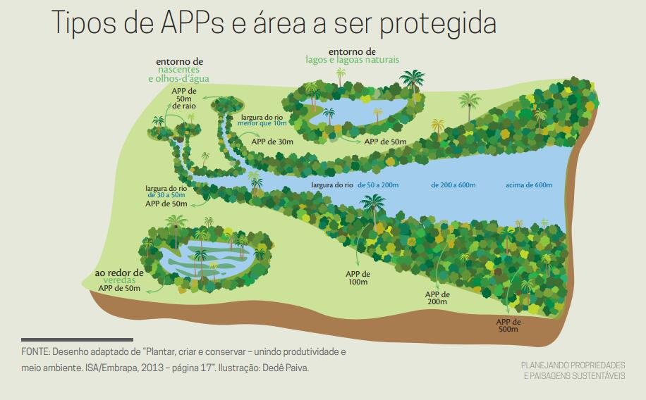 Tipos de APPs e área a ser protegida Créditos Planejando Propriedades e Paisagens Sustentáveis da Apremavi Exemplo de matas ciliares ao redor de corpos d'água. Créditos: cartilha “Planejando Propriedades e Paisagens Sustentáveis” da Apremavi.