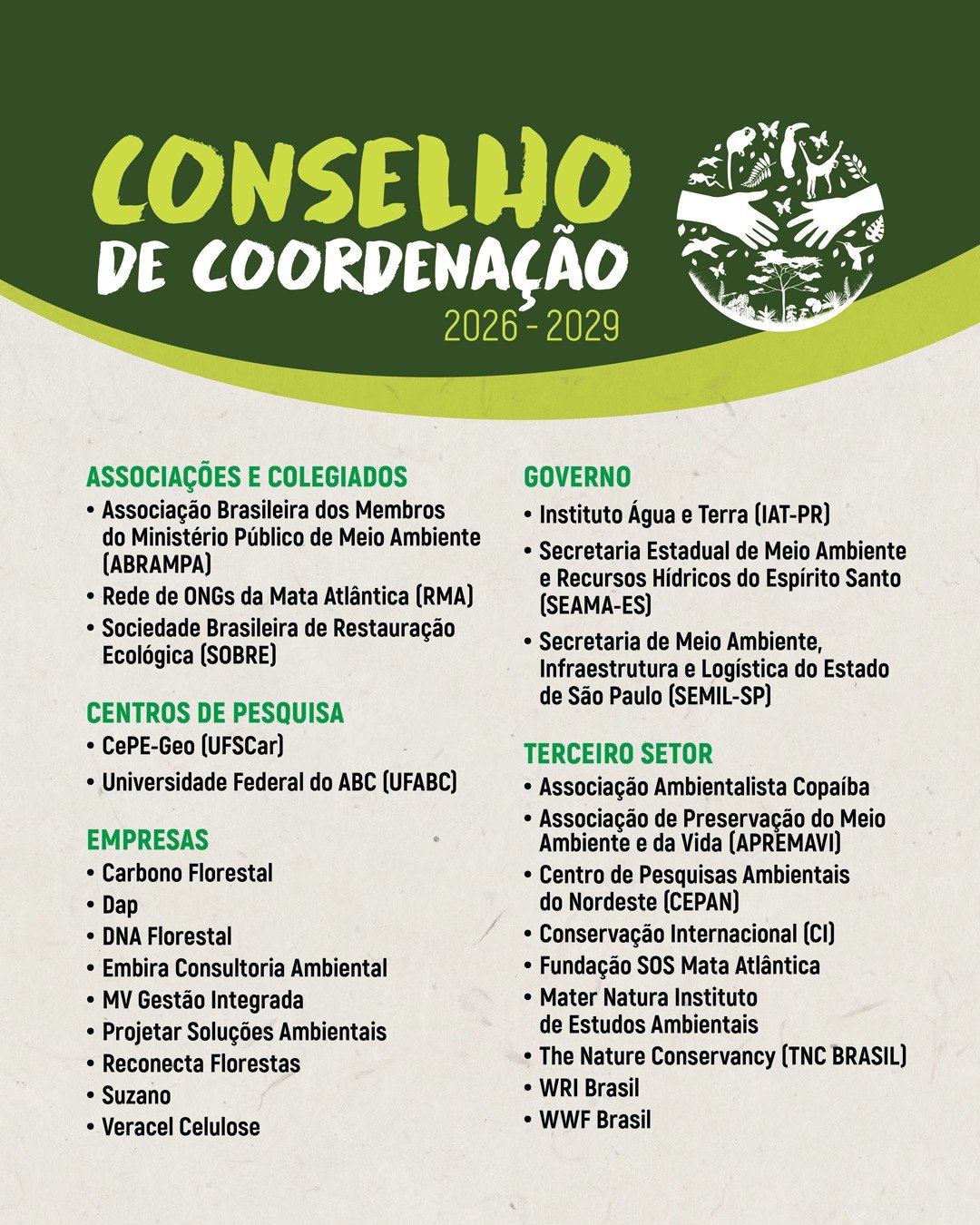 Lista de organizações eleitas para o Conselho de Coordenação do Pacto Mata Atlântica em 2025